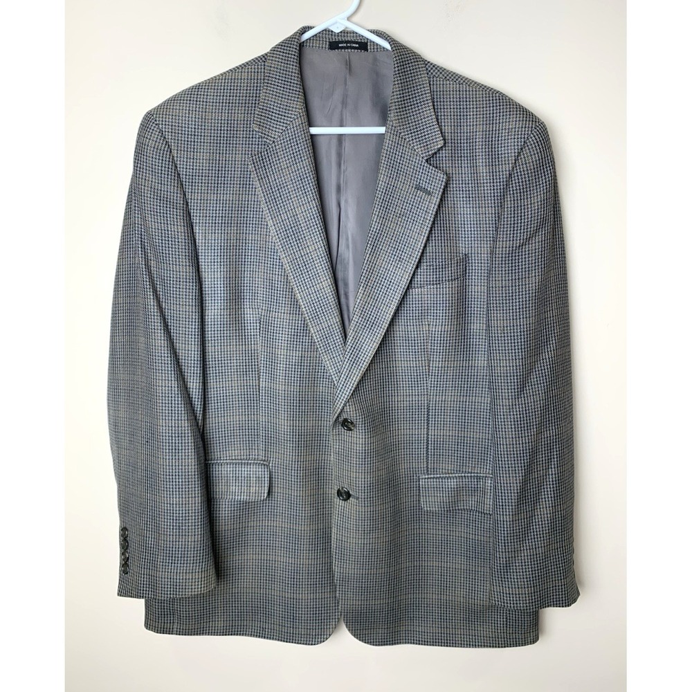 Chaps‎ Sport Coat Mens 44R Gray Plaid Houndstooth 100% Silk